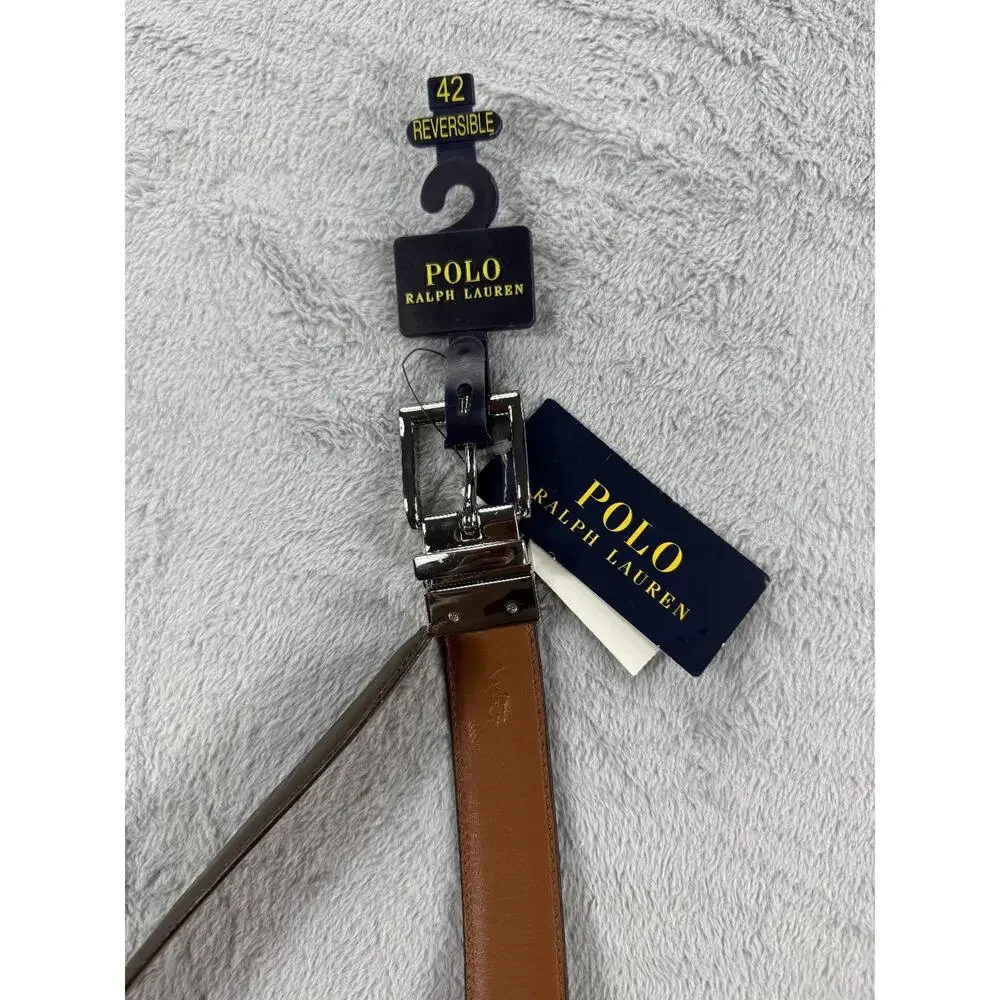 Polo Ralph Lauren Mens Reversible Leather Belt Brown Tan Silver Buckle Size 42